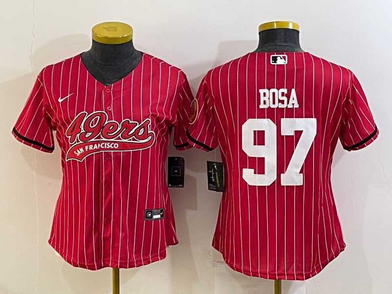Womens San Francisco 49ers #97 Nick Bosa Red Pinstripe With Patch Cool Base Stitched Baseball Jersey